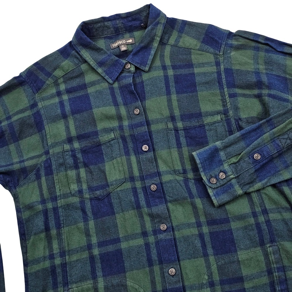 Toad & Co Cairn Shirt Women M Green Blue Plaid Pocket Flannel Cabincore Fall